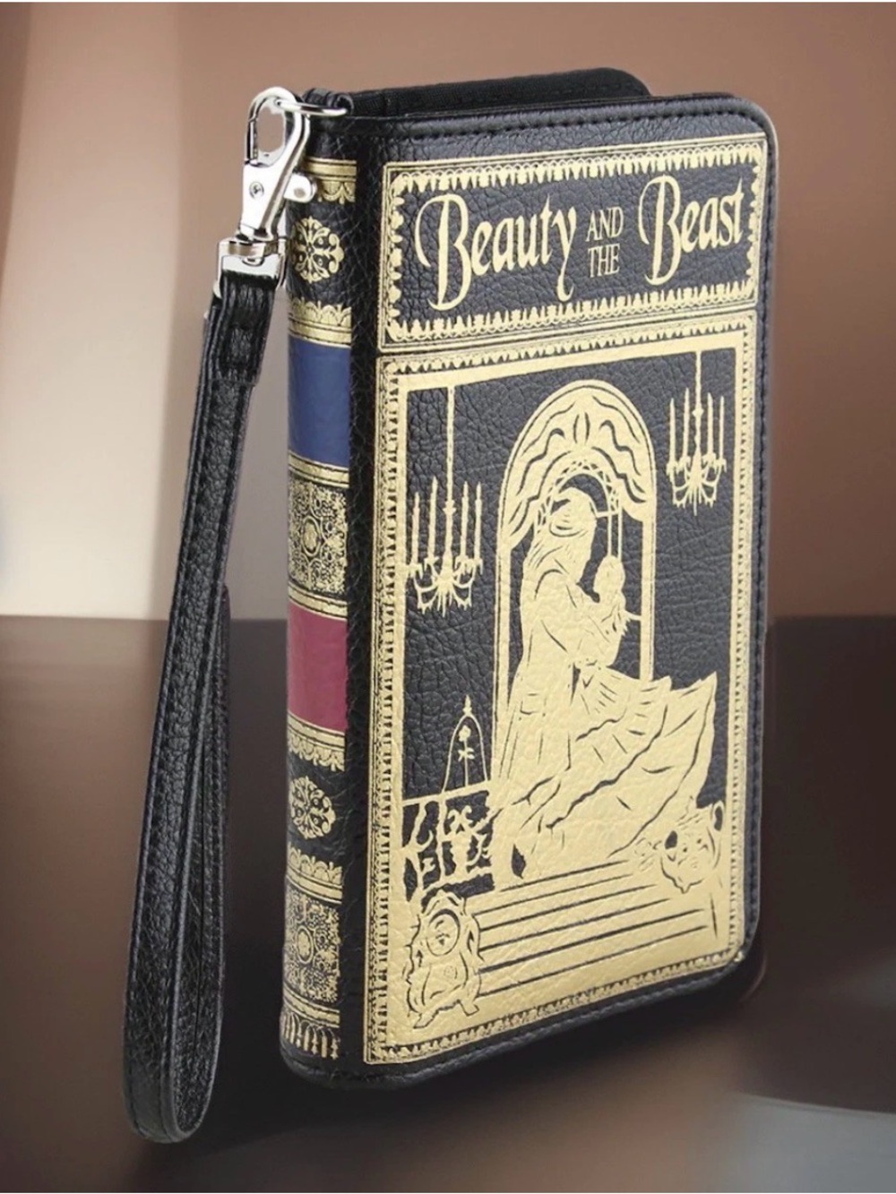 Beauty and the Beast Gold-Stamped Black Wristlet Clutch
